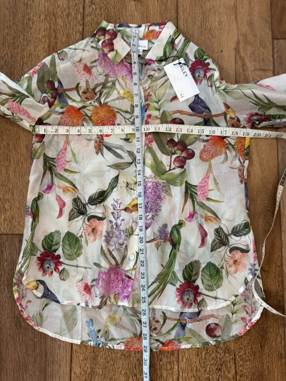 BAILY 44 Women S Top Blouse Cream Green Floral Tropical Birds Button Down New N